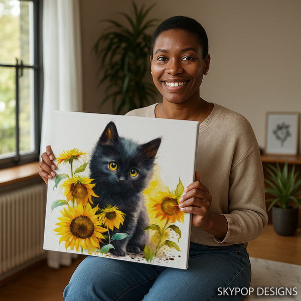 Black Cat and Sunflowers Art - View 3