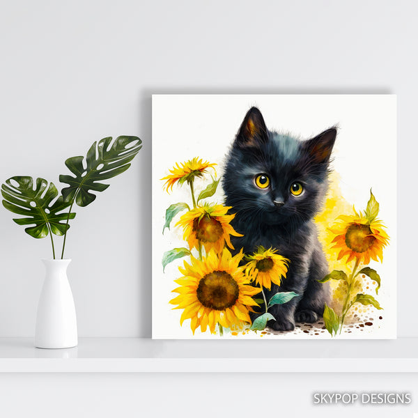 Black Cat and Sunflowers Art - View 5