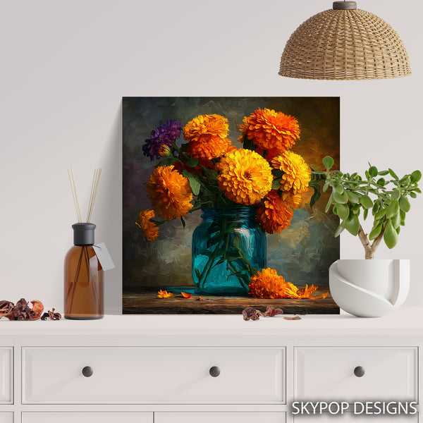 Marigolds in Teal Jar Art - View 5