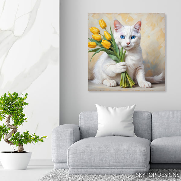 White Cat With Yellow Tulips Art - View 5