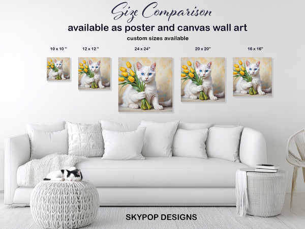 White Cat With Yellow Tulips Art - View 7