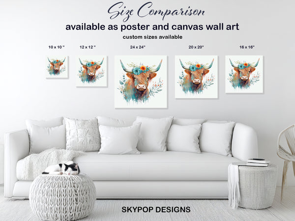 Highland Cow Floral Crown Art - View 7