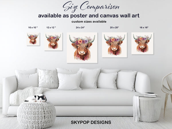 Highland Cow Floral Crown Art - View 7