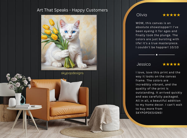 White Cat With Yellow Tulips Art - View 8