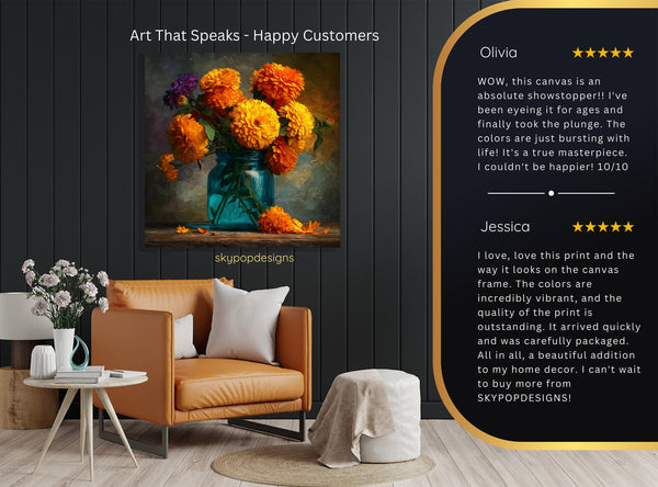 Marigolds in Teal Jar Art - View 8