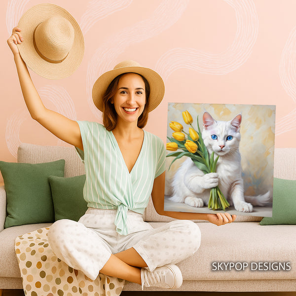 White Cat With Yellow Tulips Art - View 9